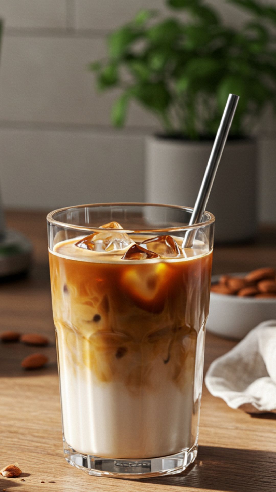 iced-protein-coffee-modern-kitchen iced protein coffee in a clear glass with straw on wooden table