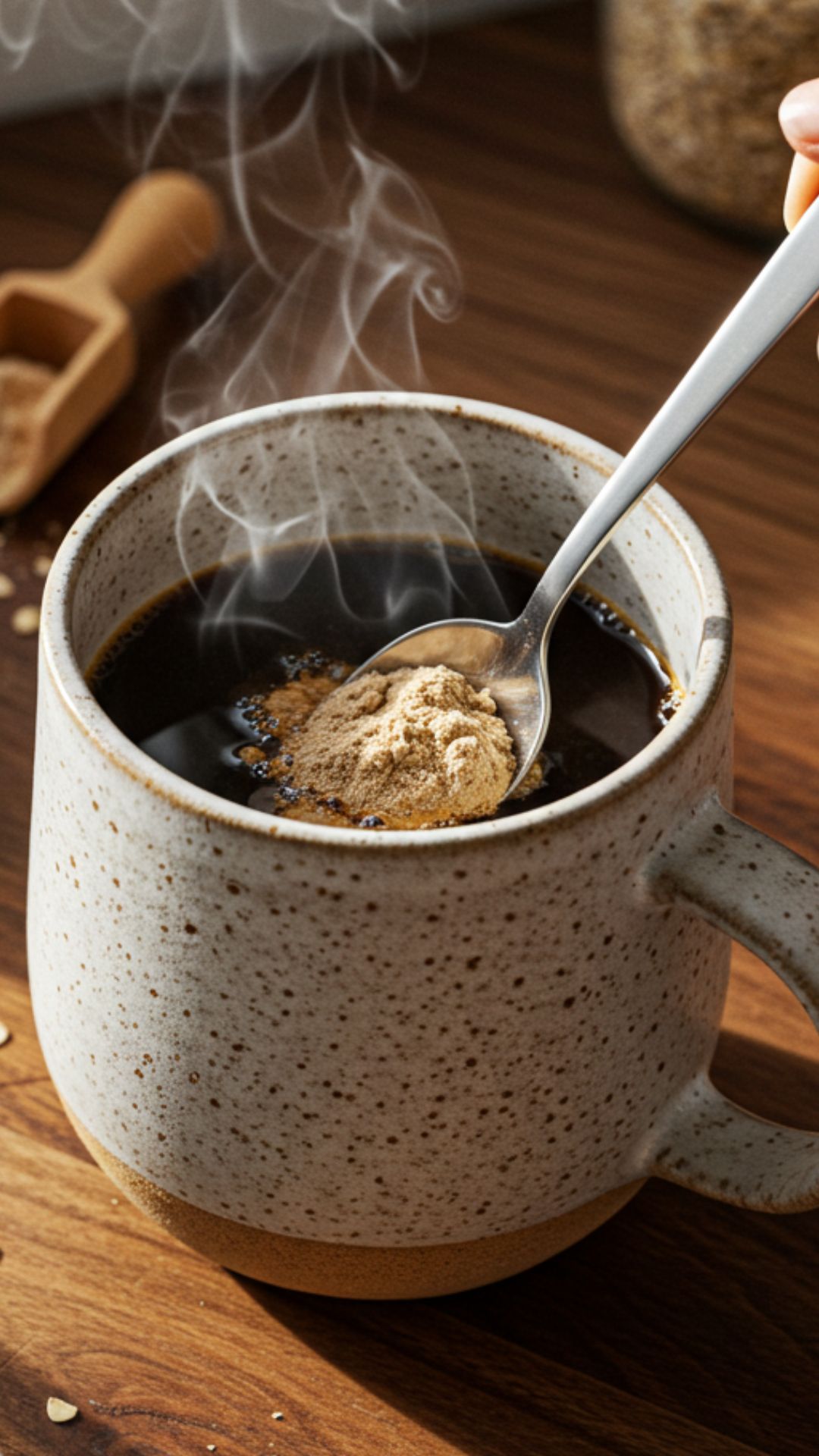 hot-protein-coffee-speckled-ceramic-mug hot protein coffee in speckled ceramic mug with steam and protein powder