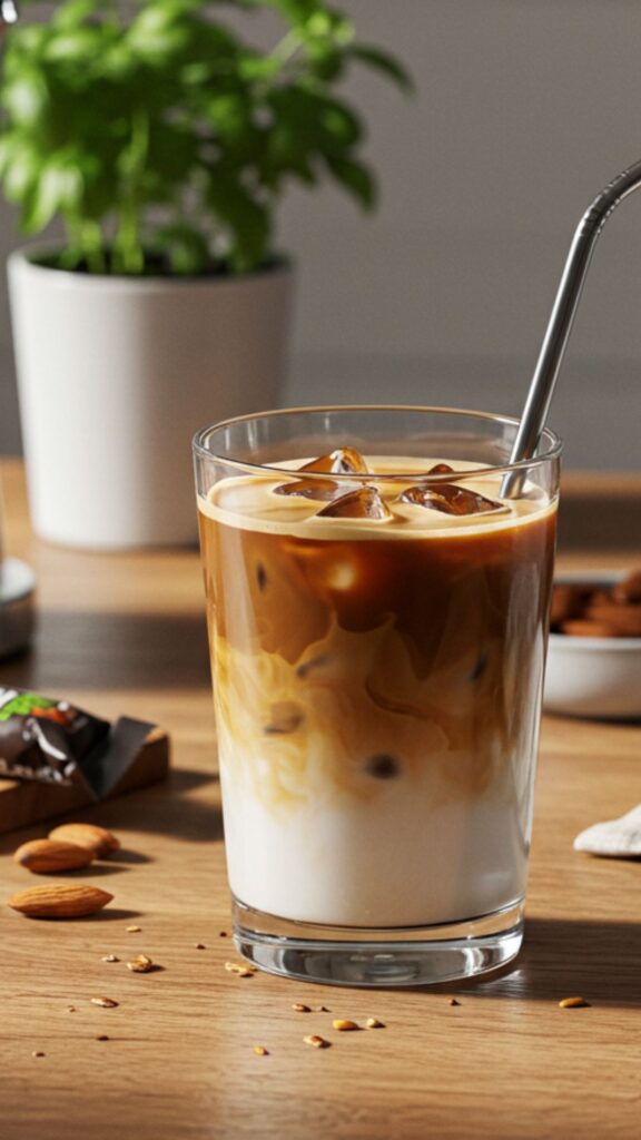 iced protein coffee in a clear glass with straw on wooden table
