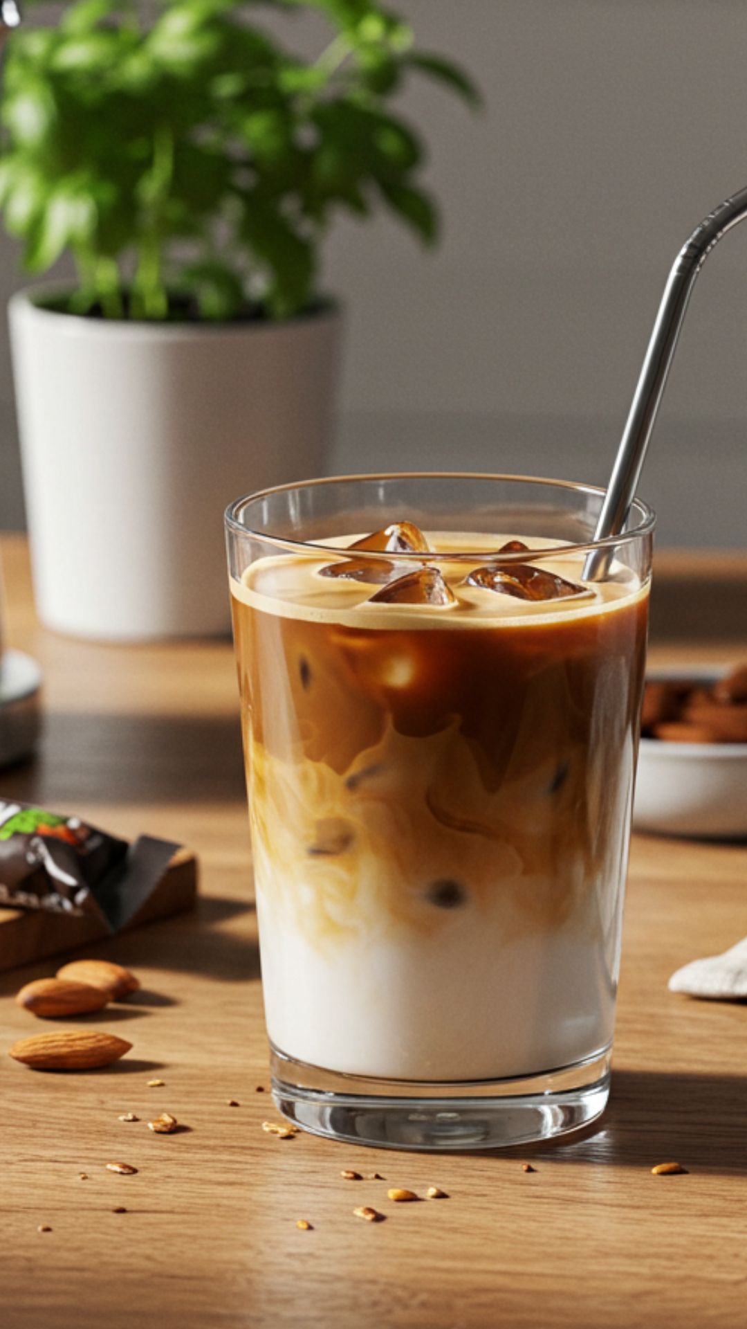 iced-protein-coffee-modern-kitchen iced protein coffee in a clear glass with straw on wooden table