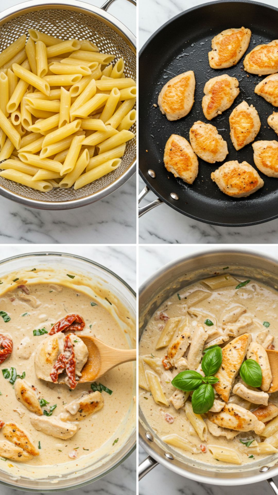 Marry Me Chicken Pasta – Step-by-Step Cooking Process Step-by-step collage of creamy Marry Me Chicken Pasta being made with penne, sautéed chicken, sun-dried tomato cream sauce, and fresh basil
