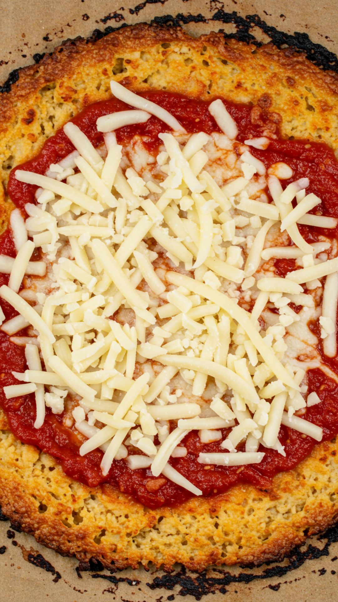 baked-chicken-crust-pizza-with-sauce-and-cheese Baked chicken crust pizza topped with tomato sauce and shredded mozzarella before final baking.