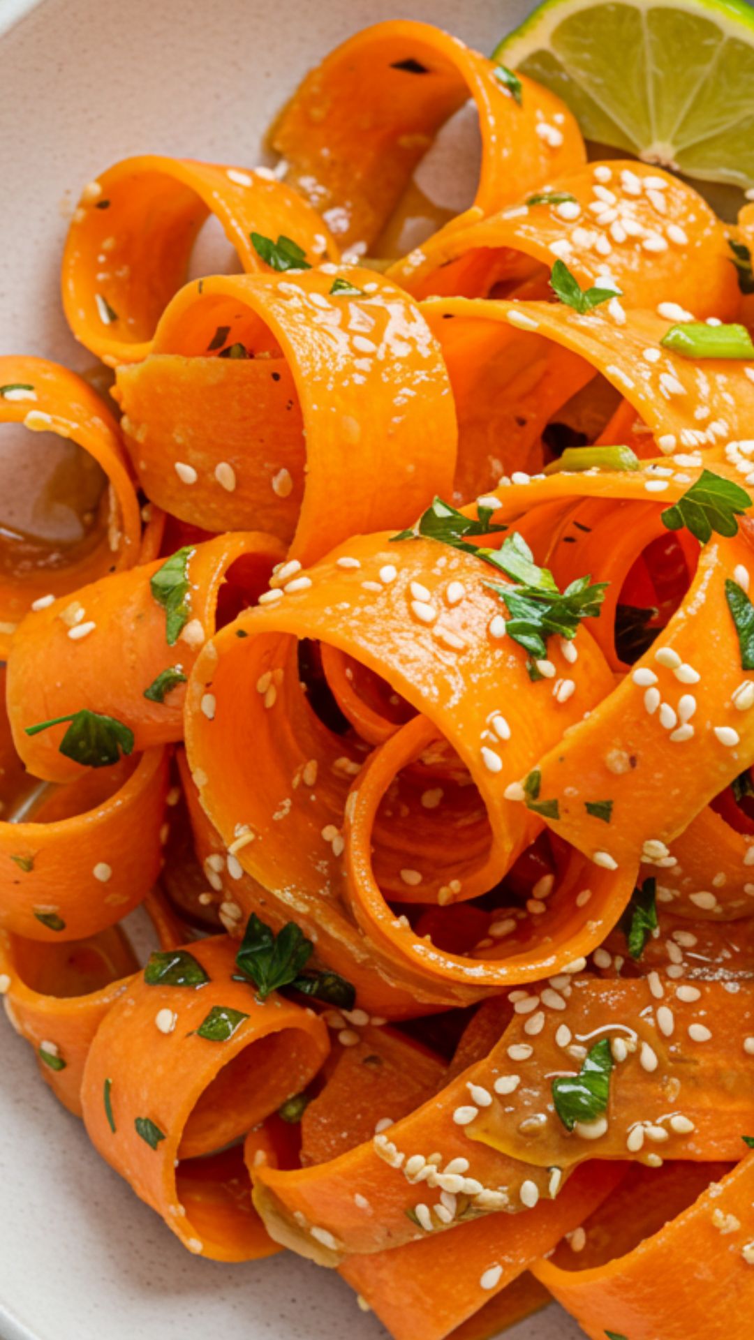 carrot-ribbon-salad-2 carrot ribbon salad with sesame lime dressing on rustic wooden table