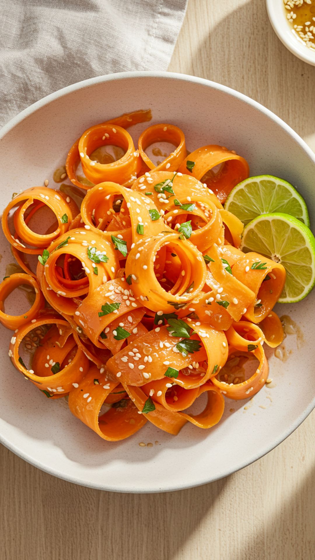 carrot-ribbon-salad-3 carrot ribbon salad with sesame lime dressing on rustic wooden table