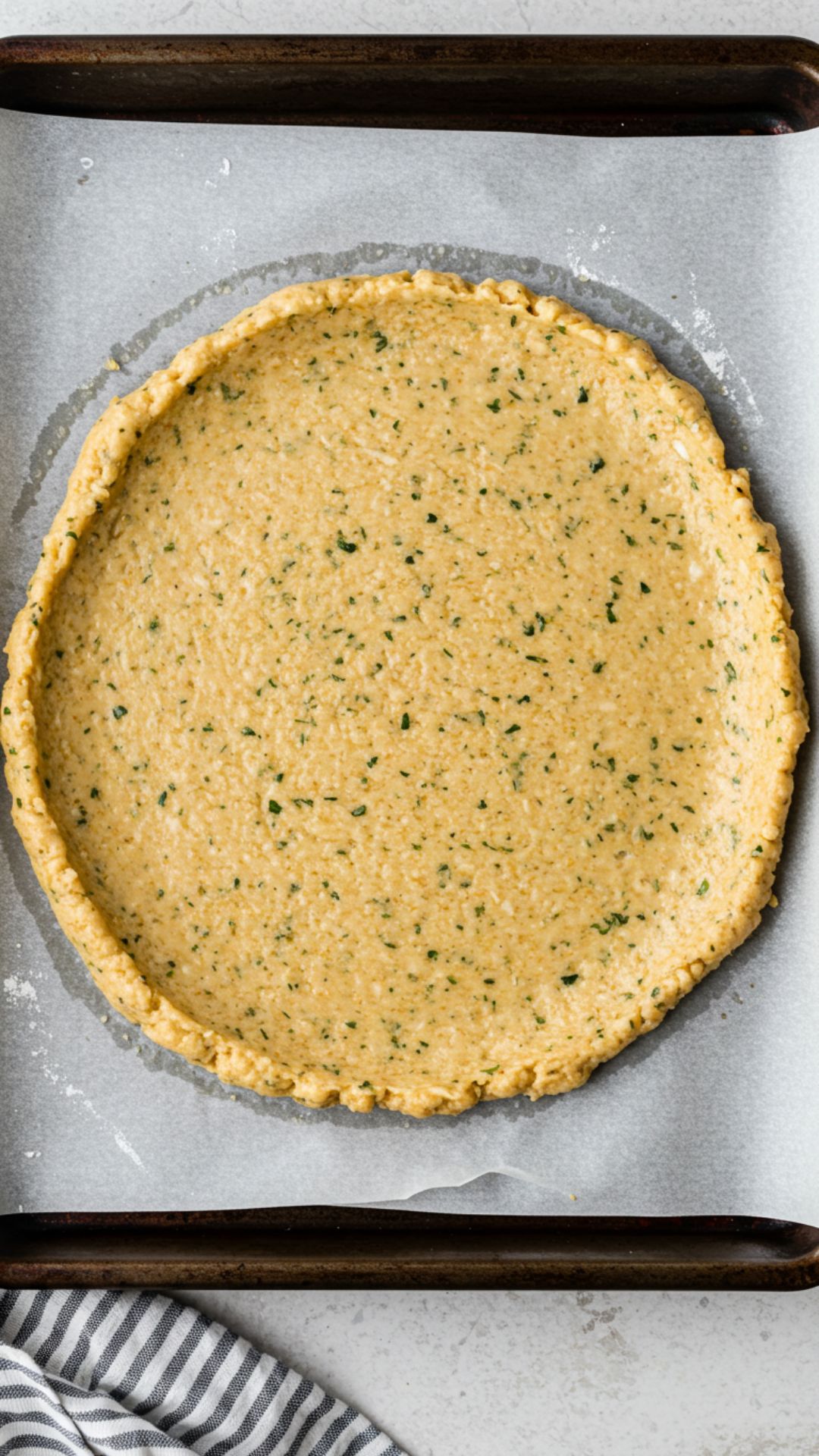 chicken-crust-pizza-dough-shaped Chicken crust pizza dough flattened into a round shape on parchment paper.