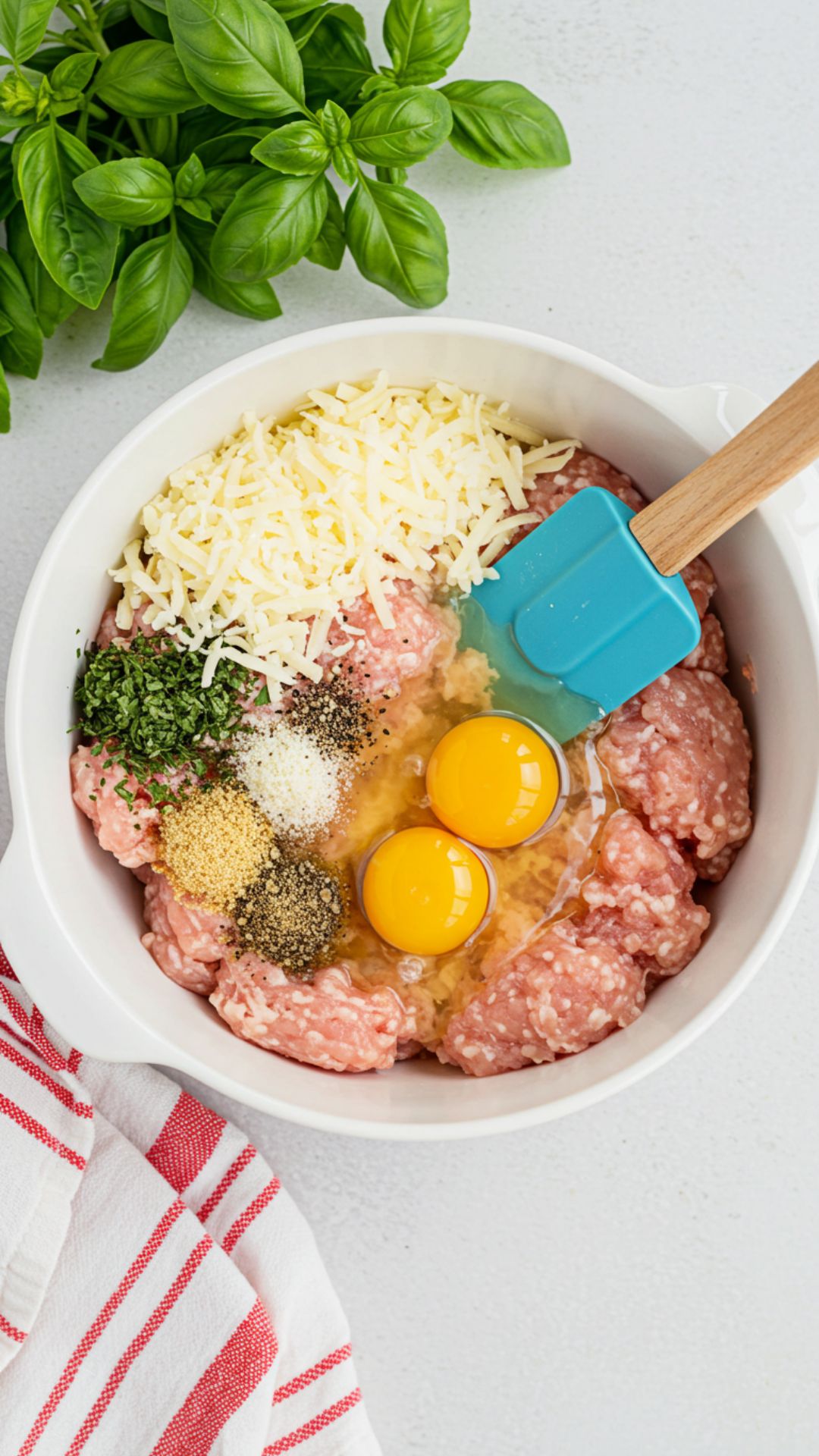 chicken-crust-pizza-mixture-in-bowl Raw ground chicken, egg, shredded cheese, and herbs in a bowl for chicken pizza crust.