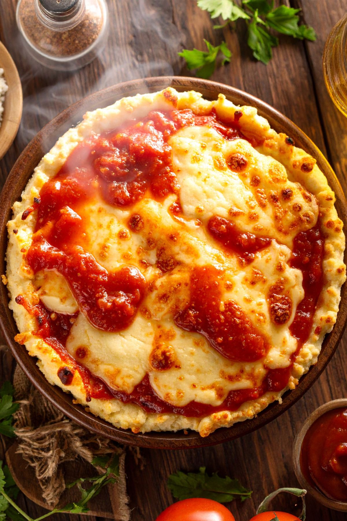 cottage-cheese-pizza-bowl Fresh cottage cheese pizza bowl with melted cheese and marinara