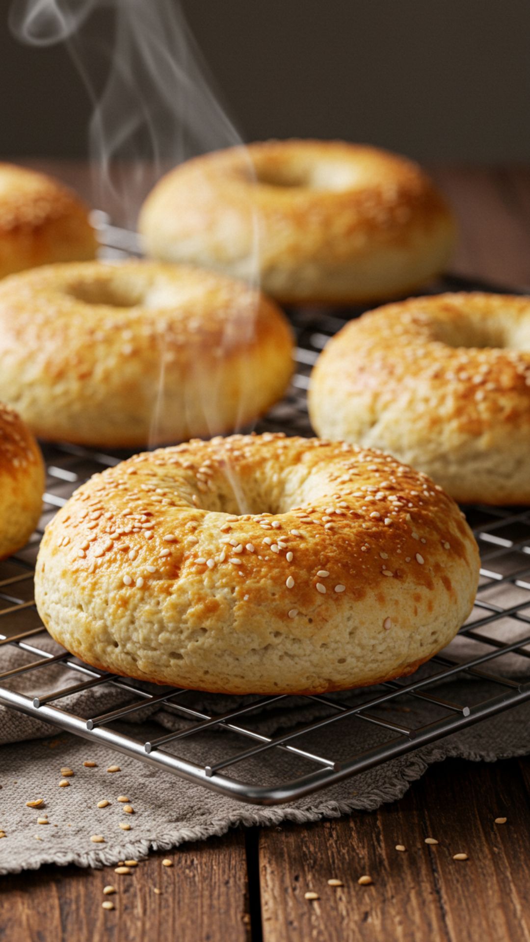 Cottage Cheese Protein Bagels: The Ultimate High-Protein Breakfast Choice 5 Freshly baked cottage cheese protein bagels cooling on a rack