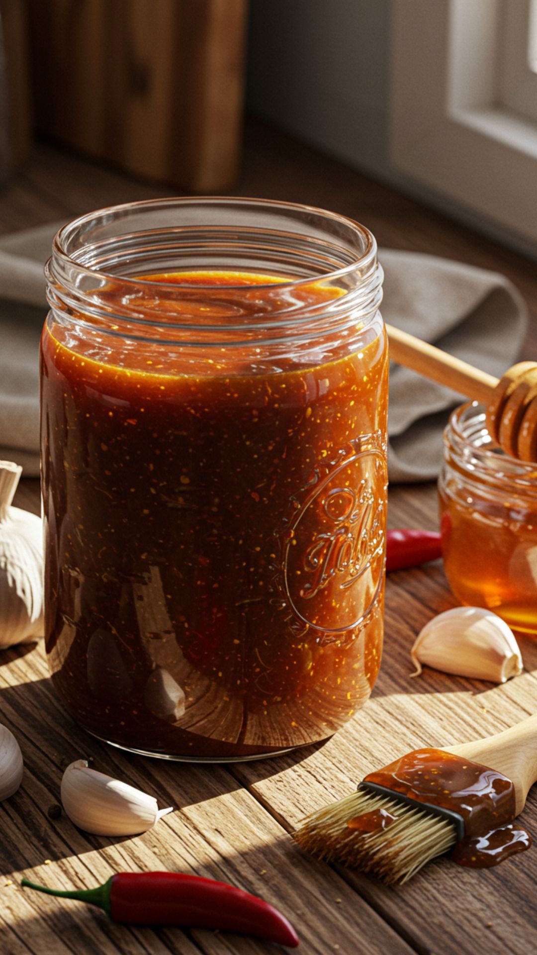 hot-honey-bbq-sauce-homemade-jar Thick homemade hot honey BBQ sauce in a jar with fresh garlic, chili peppers, and honey