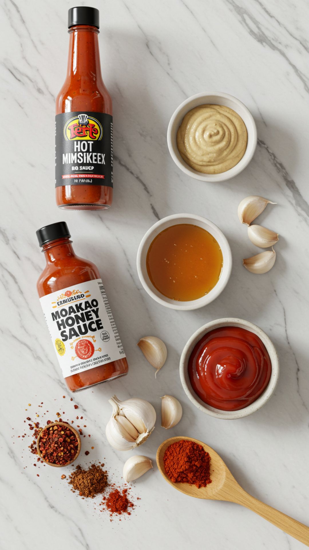 hot-honey-bbq-sauce-ingredients-flatlay Flat lay of hot honey BBQ sauce ingredients including ketchup, mustard, garlic, and chili