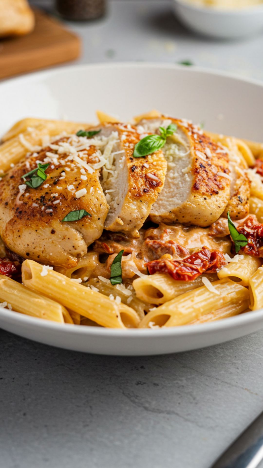 Final Plated Marry Me Chicken Pasta in Creamy Tomato Sauce Creamy Marry Me Chicken Pasta with penne and sun-dried tomato sauce, garnished with basil and Parmesan in a white bowl