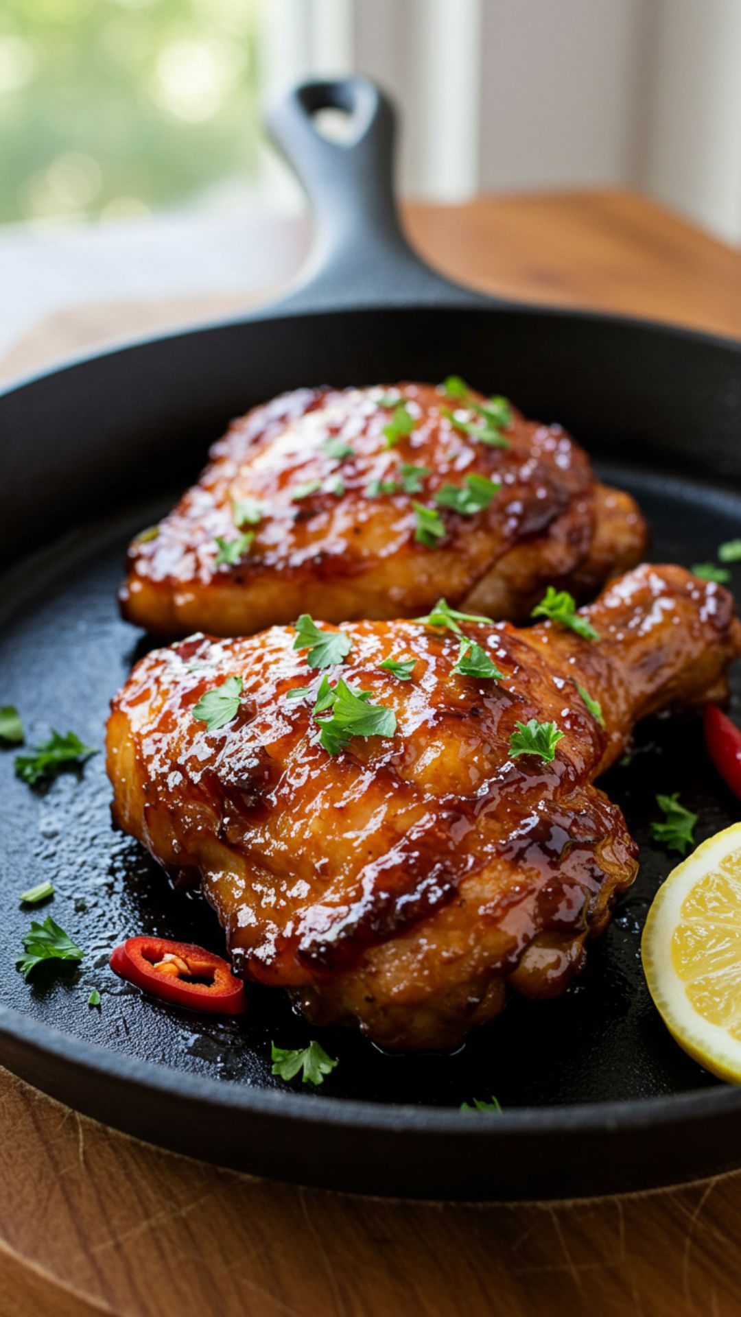 nashville-hot-honey-bbq-chicken Nashville-style chicken thigh glazed in sticky hot honey BBQ sauce on skillet