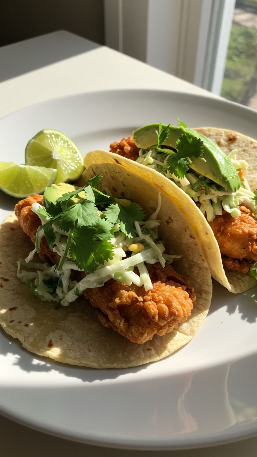 Crispy Air Fryer Fish Taco Recipe : Delicious, Healthy, And Easy To Make In Minutes! 19 Plated crispy fish tacos with cilantro-lime slaw, avocado, and lime wedges, served in natural daylight.