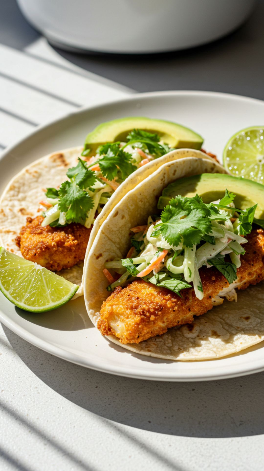 Crispy Air Fryer Fish Taco Recipe : Delicious, Healthy, And Easy To Make In Minutes! 9 Plated crispy fish tacos with cilantro-lime slaw, avocado, and lime wedges, served in natural daylight.