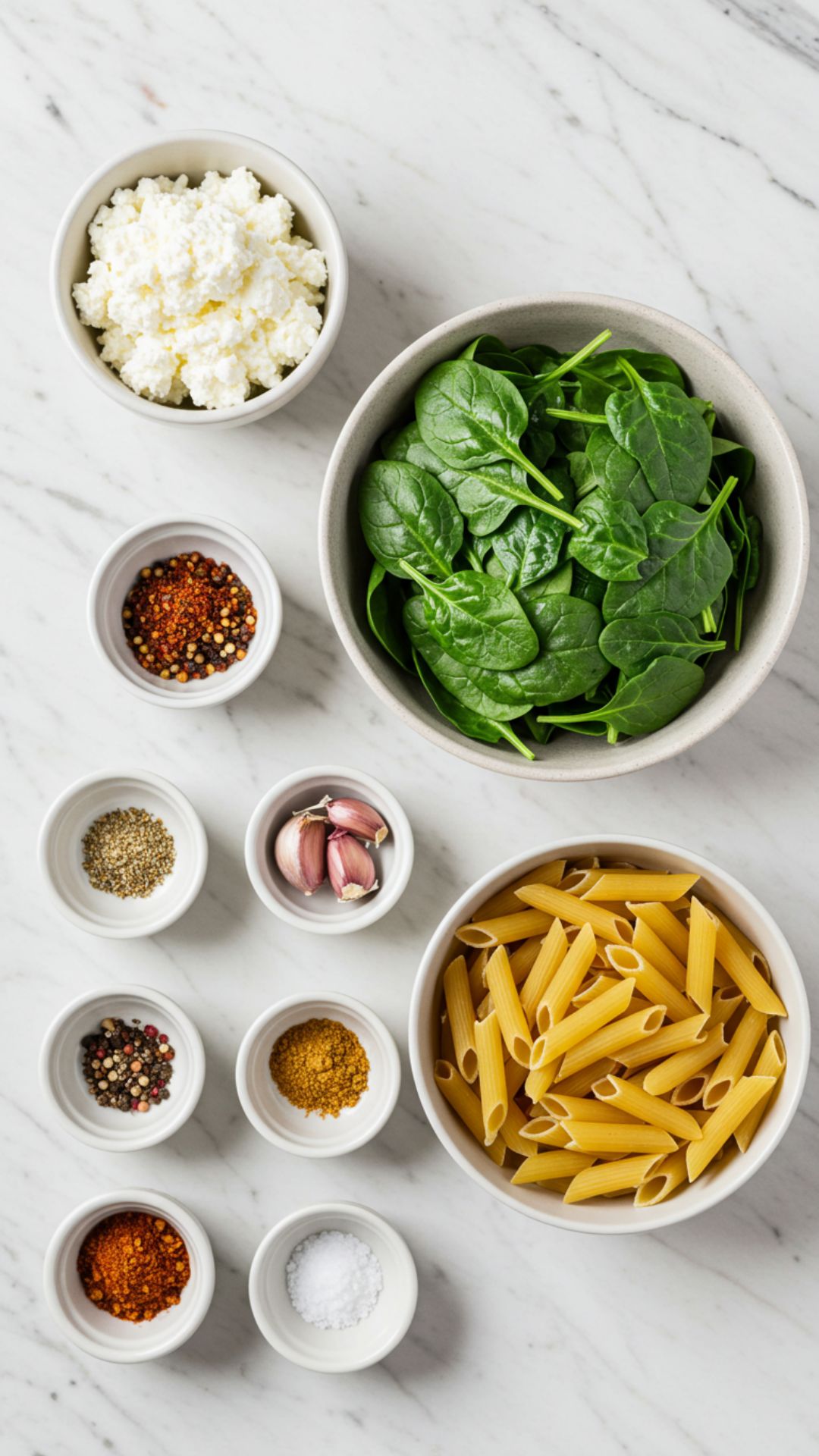 spinach-cottage-cheese-pasta-ingredients spinach cottage cheese pasta ingredients flatlay