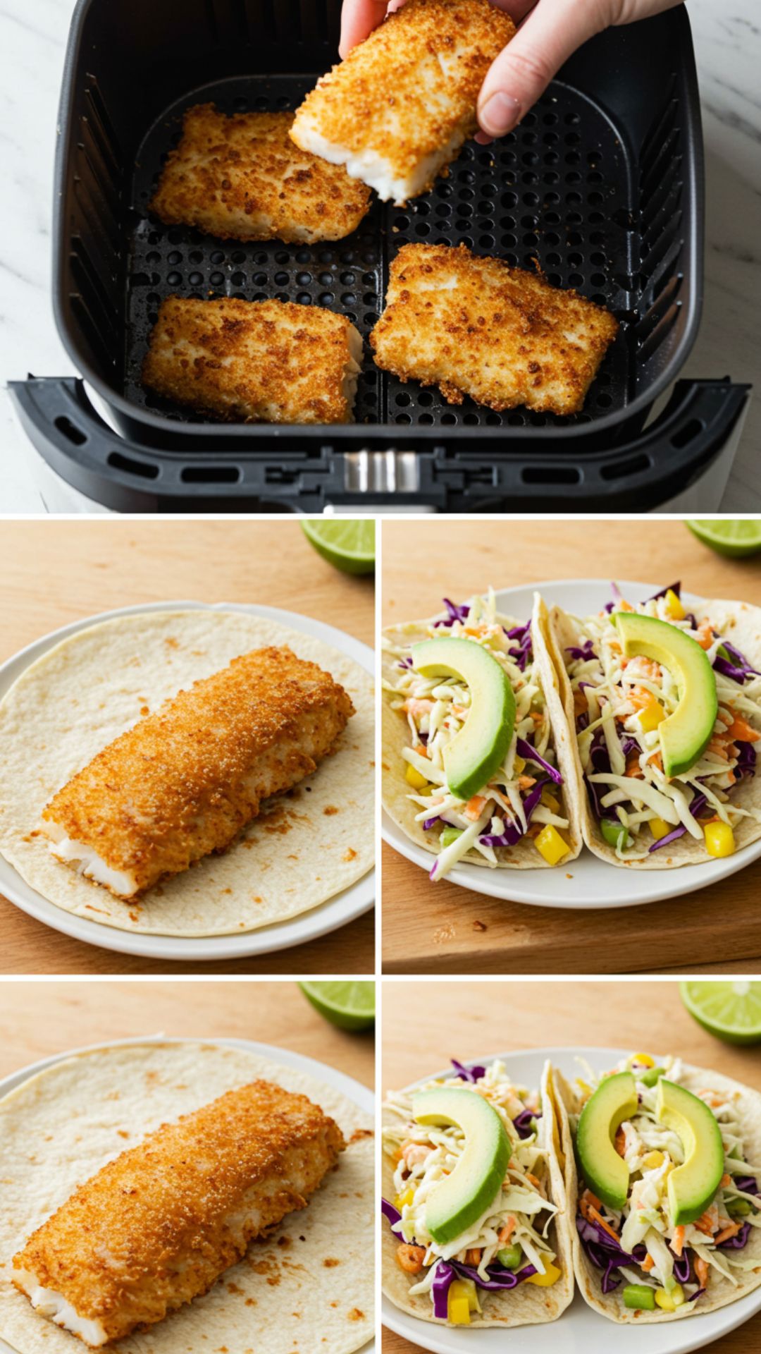 Crispy Air Fryer Fish Taco Recipe : Delicious, Healthy, And Easy To Make In Minutes! 17 Step-by-step images of preparing air fryer fish tacos, with natural daylight casting soft shadows on the food