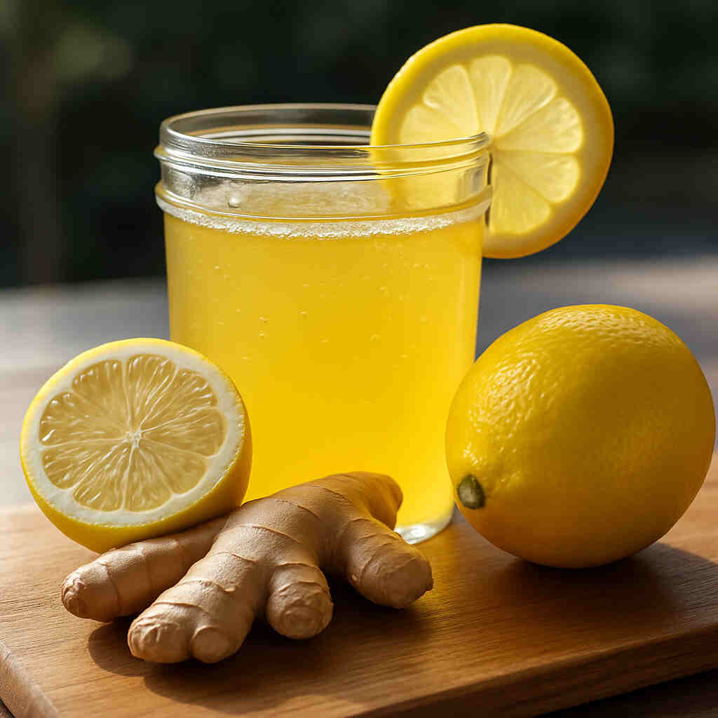 Natural Mounjaro Recipe : A Powerful Homemade Weight Loss Drink 6 Glass of natural Mounjaro recipe drink with lemon and ginger on a wooden board