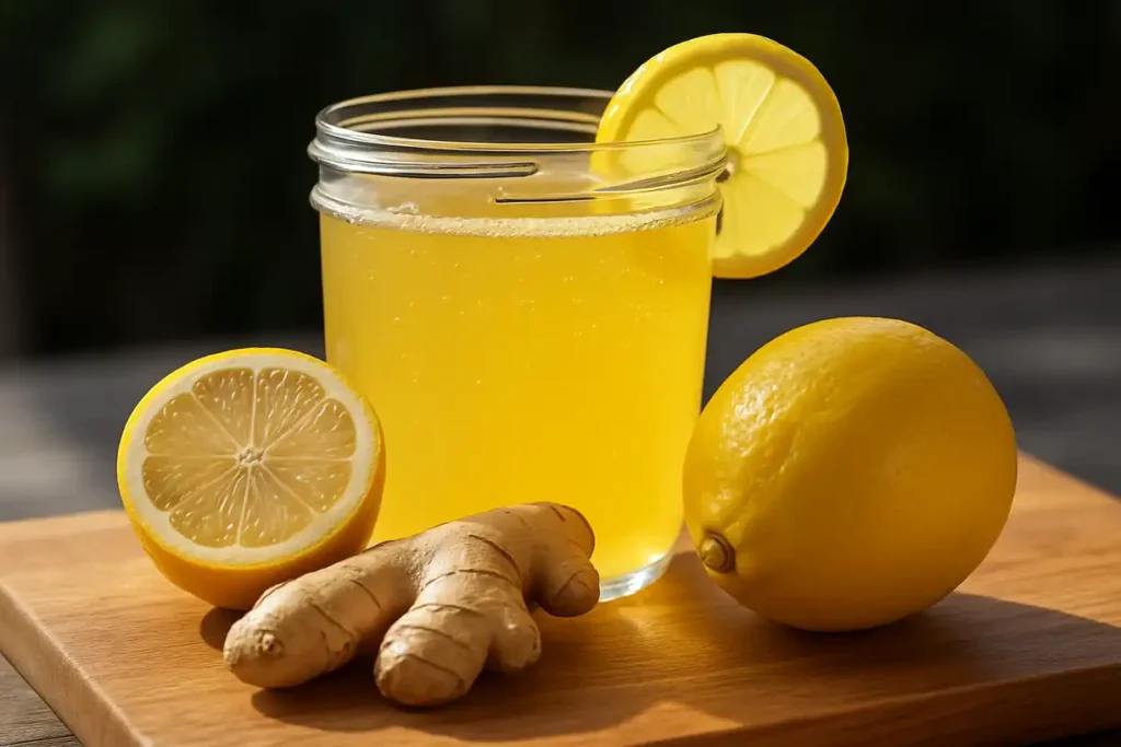 Glass of natural Mounjaro recipe drink with lemon and ginger on a wooden board
