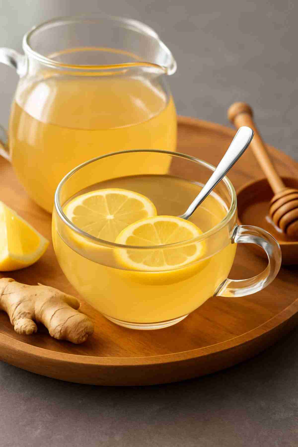 comp-ginger_lemon_tea_recreation Fresh ginger lemon tea with honey and ginger roots on a wooden tray.