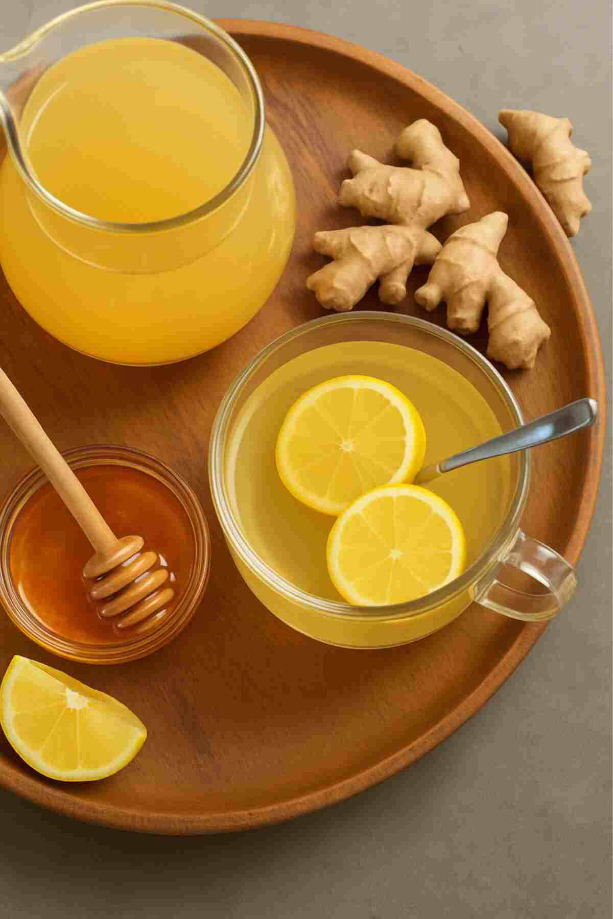 ginger_cinnamon_lemon_tea_exact_recreation Fresh ginger lemon tea with honey and ginger roots on a wooden tray, top-down view