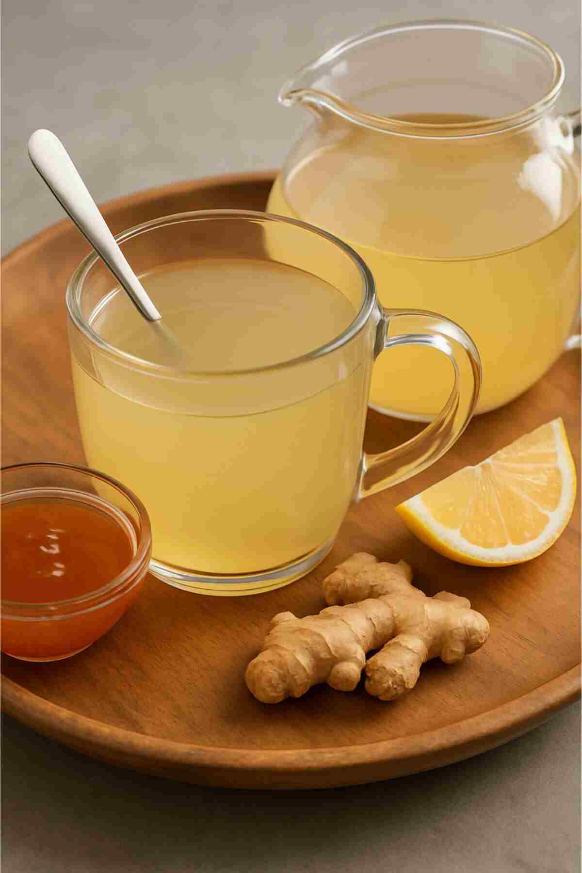 ginger_cinnamon_lemon_tea_final Fresh ginger lemon tea with honey and ginger roots on a wooden tray.