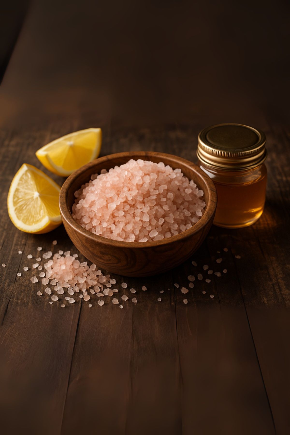himalayan-pink-salt-lemon-honey-ingredients Himalayan pink salt, lemon, and honey ingredients for making a pink salt drink