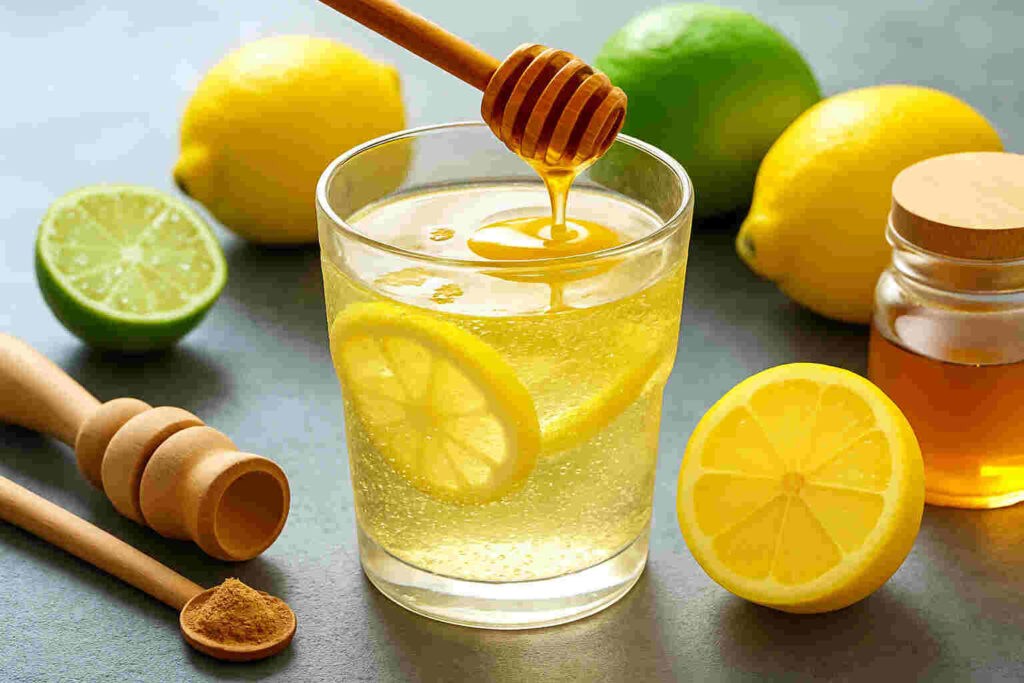 Natural Mounjaro Recipe : A Powerful Homemade Weight Loss Drink 17 Glass of honey lemon detox drink with fresh lemons, limes, and honey on a kitchen counter