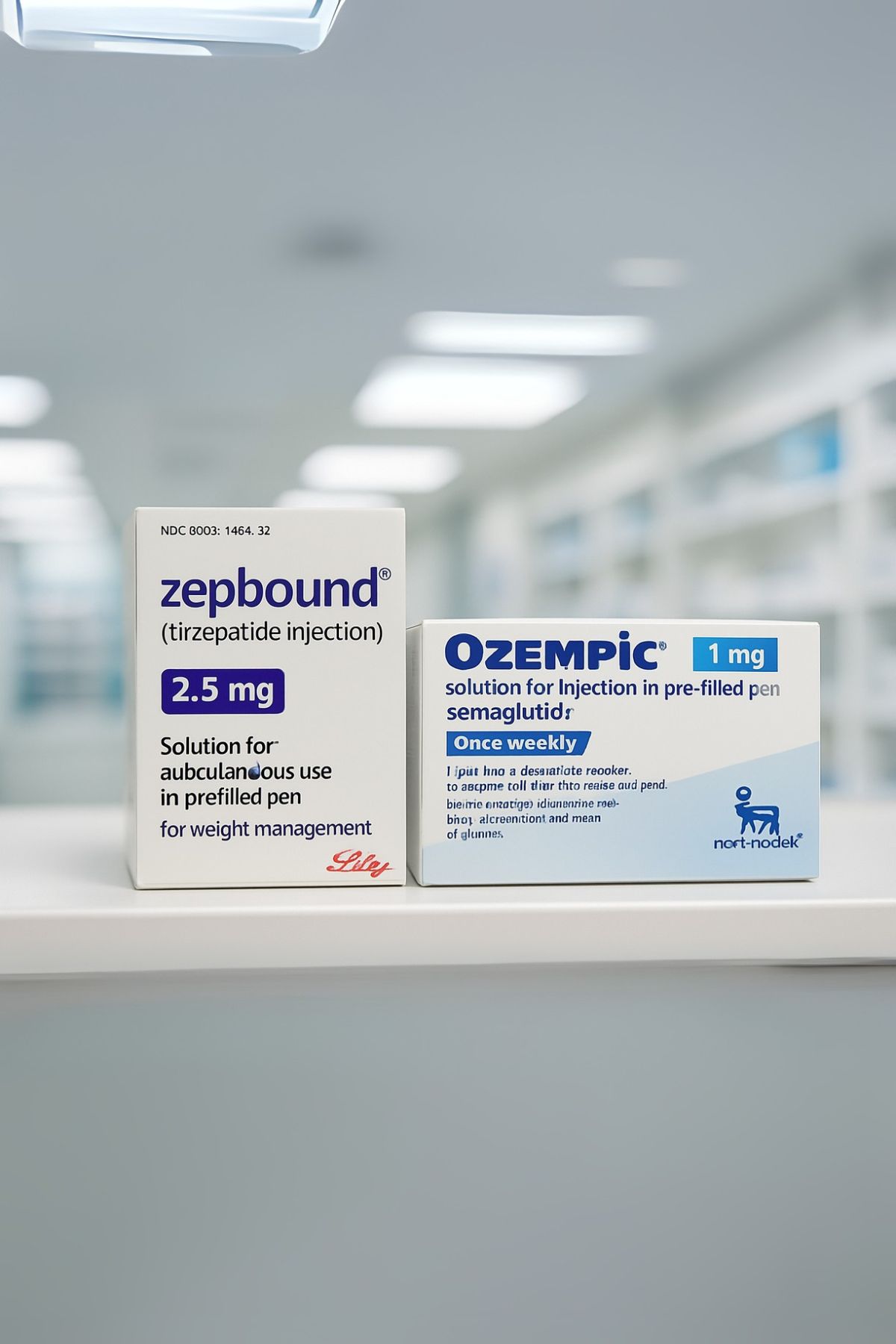 zepbound-vs-ozempic-comparison-shelf1 Zepbound vs Ozempic medication comparison on a pharmacy shelf.