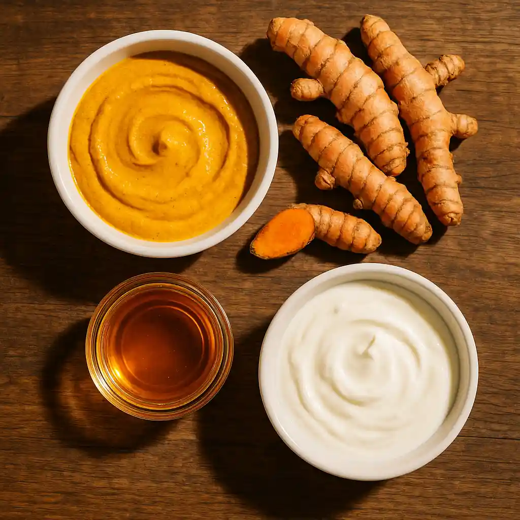 Home 5 Featured image showing turmeric face mask ingredients in flat lay style