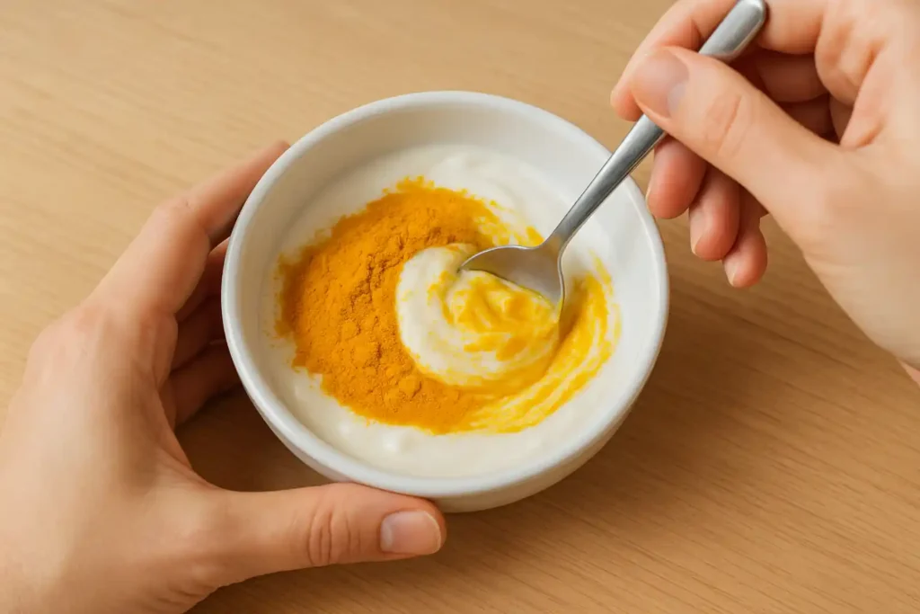 DIY Turmeric Face Mask for Glowing Skin: The Complete Science-Backed Guide 14 Process image showing hands mixing turmeric face mask ingredients