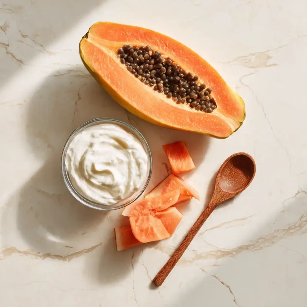 Papaya and Greek Yogurt Mask: The Ultimate Guide for Glowing Skin 10 papaya yogurt face mask ingredients flat lay