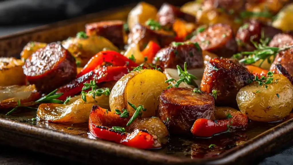 sheet pan sausage peppers potatoes featured