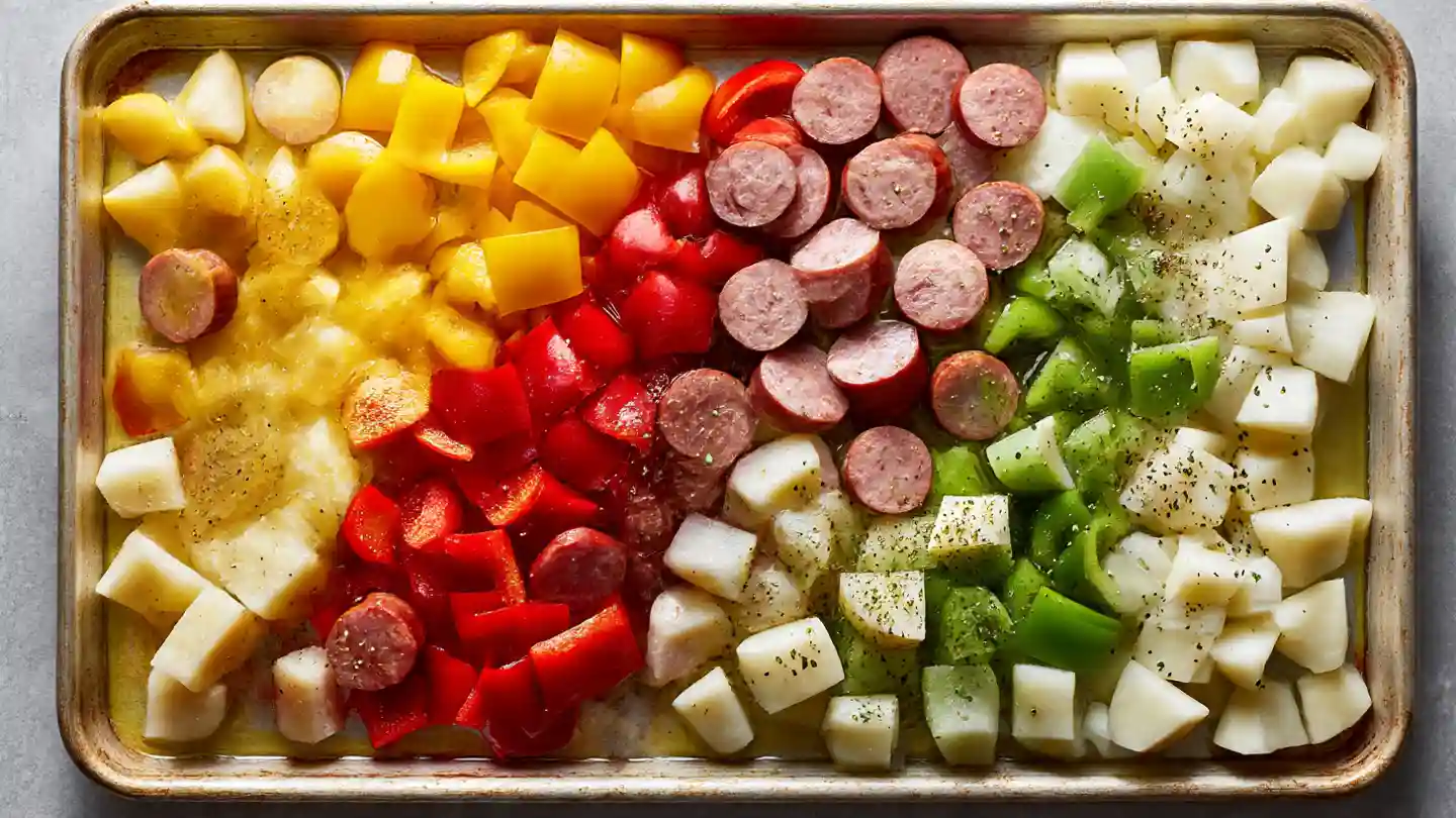 Sheet Pan Sausage Peppers Potatoes: Easy One-Pan Dinner in 35 Minutes 1 sheet pan sausage peppers potatoes step1