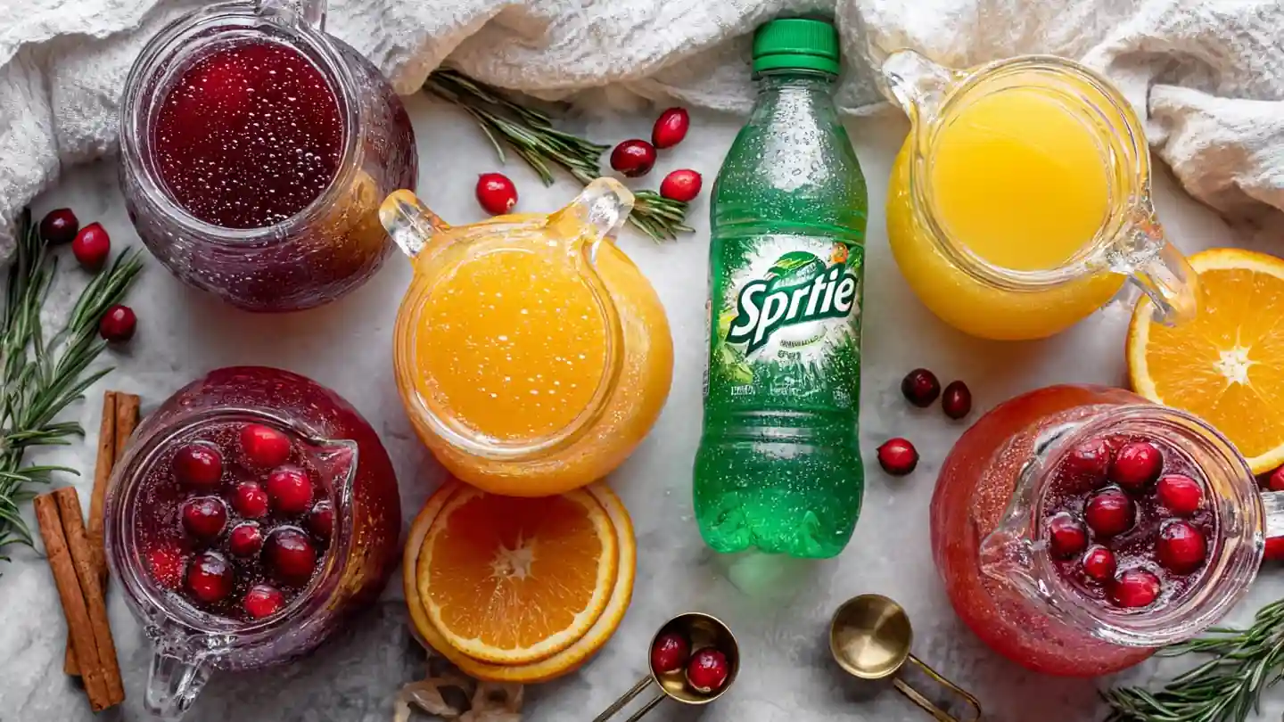 Holiday Punch Recipes | Easy Christmas Punch 8 clean overhead flatlay of holiday punch ingredients