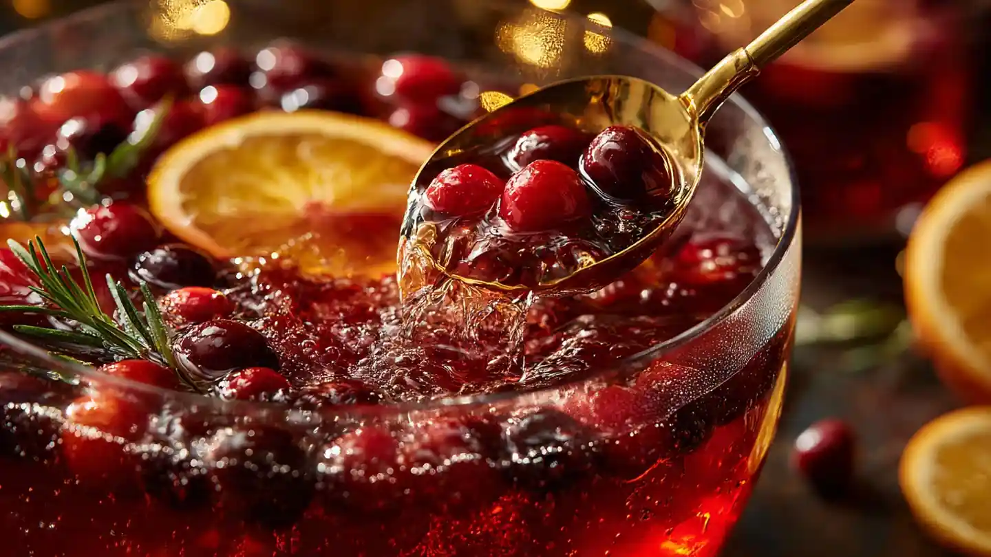 Holiday Punch Recipes | Easy Christmas Punch 10 closeup angled shot of holiday punch being
