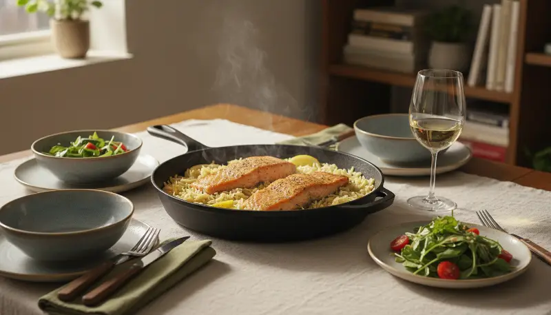 Easy One Skillet Salmon Lemon Orzo detail