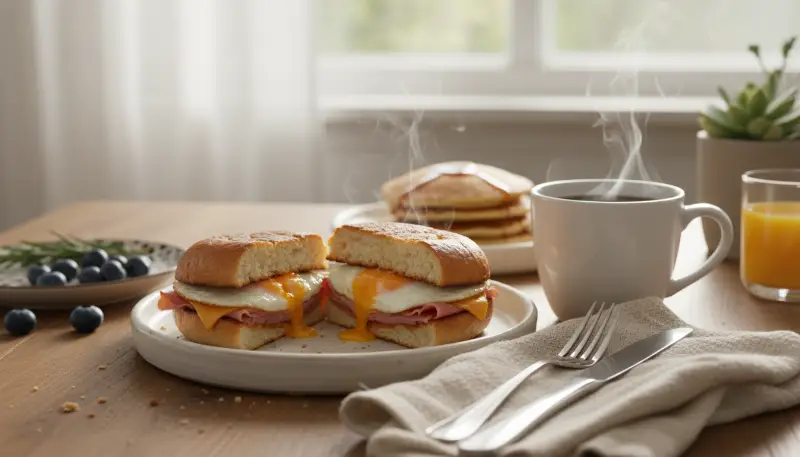 Ham Cheese And Egg Sandwich Breakfast Sandwich Ideas Grand Slam Breakfast Ham Breakfast Breakfast Sandwich Recipes Breakfast Bites Breakfast Pastries Breakfast Recipes Casserole detail