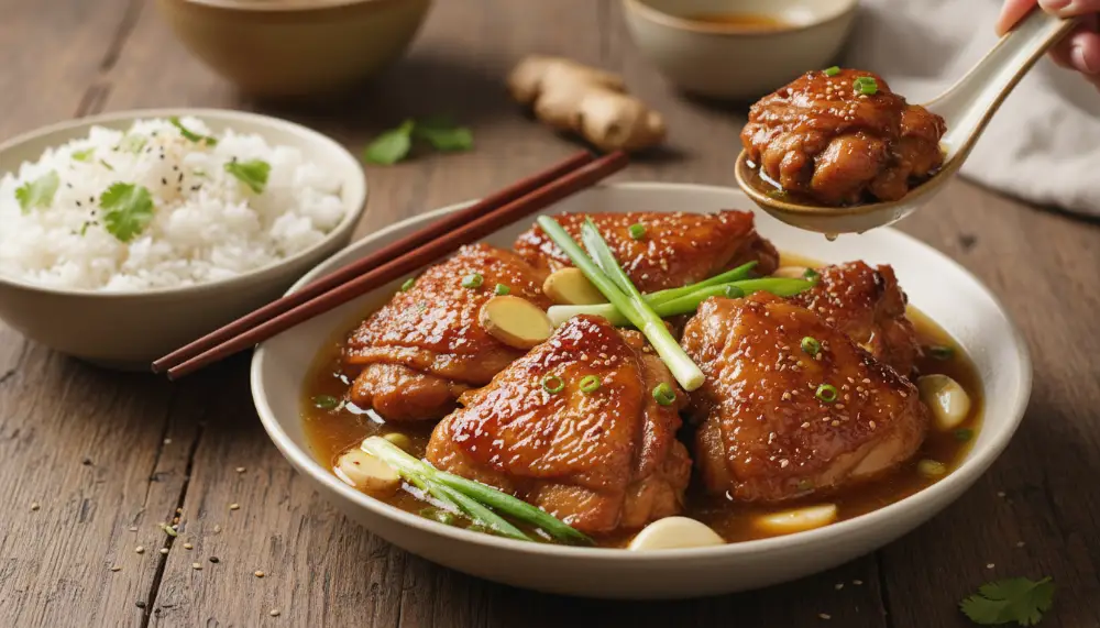 Home 3 Caramelised Soy Chicken in Garlic Ginger Broth with Rice A Savory Comfort Meal 0