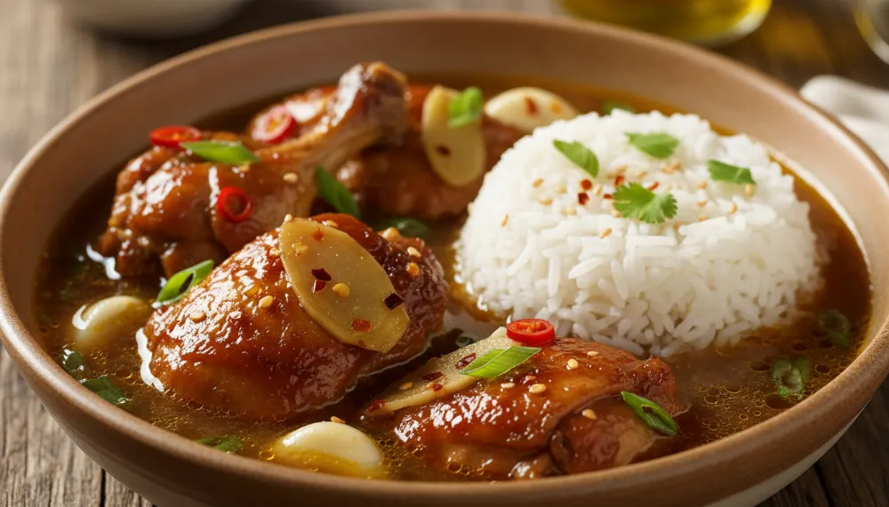 Caramelised Soy Chicken in Garlic Ginger Broth with Rice A Savory Comfort Meal 2