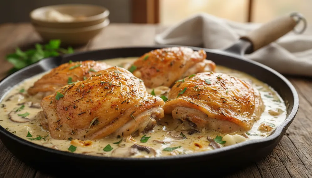 Creamy Oven Baked Chicken Thighs is a quick dinner idea perfect for busy weeknight… Chicken dinner recipes Chicken thigh recipes baked Oven baked chicken thighs 2