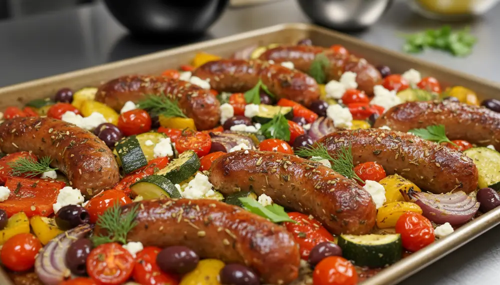 Greek Sheet Pan Sausage and Veggies 0