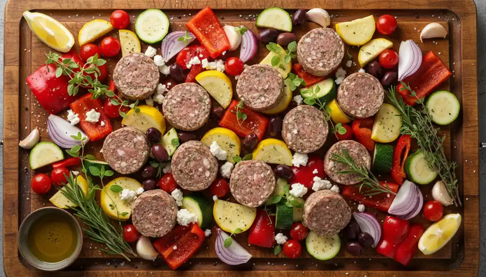 Greek Sheet Pan Sausage and Veggies 1