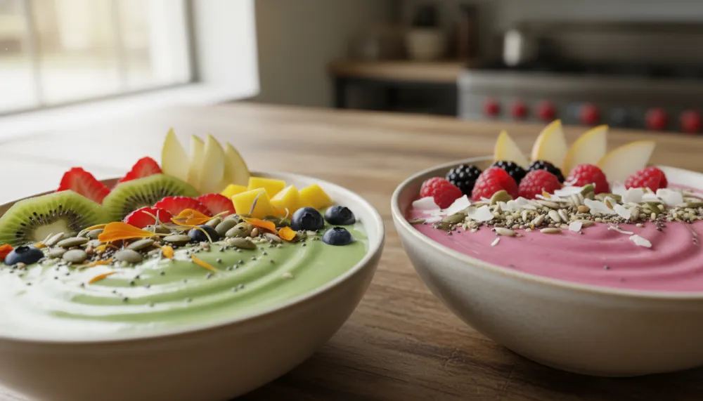 Spring Smoothie Bowls With Seasonal Fruits and Seeds 2