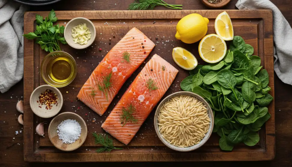 Seared Salmon with Lemon Orzo and Spinach 1