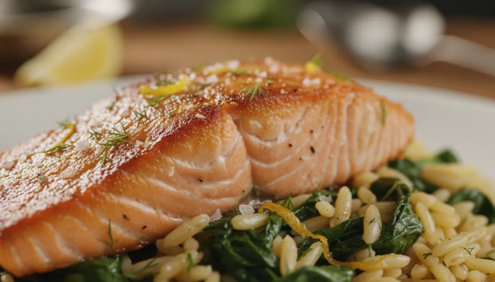 Seared Salmon with Lemon Orzo and Spinach 2