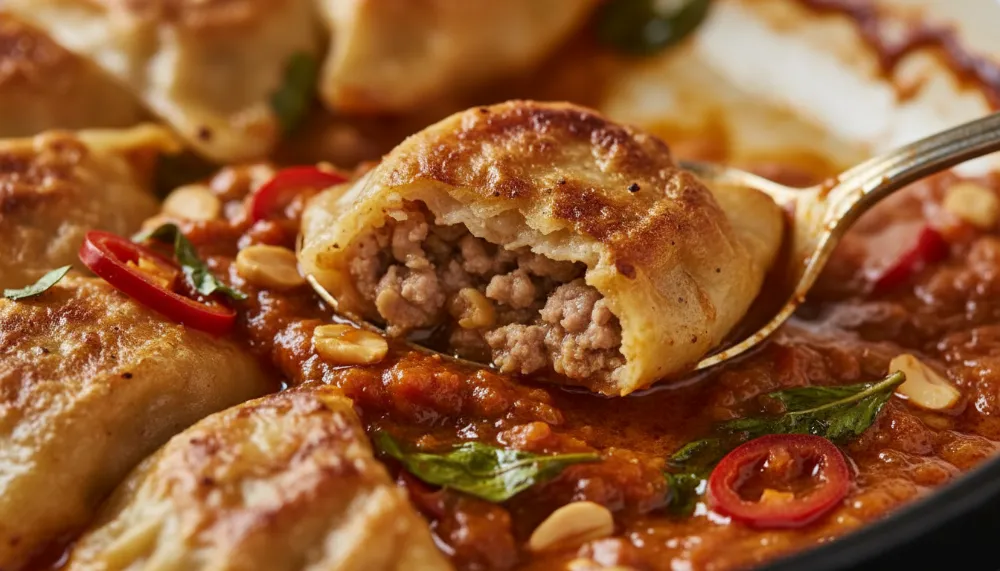 Viral One Pan Baked Dumplings with Red Curry Sauce 2