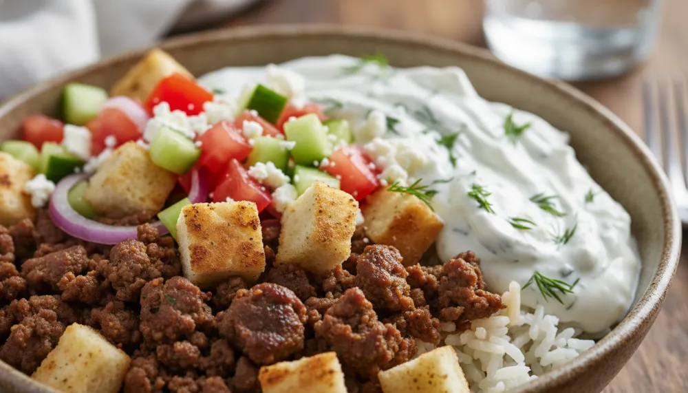 Easy Ground Beef Gyro Bowls with Tzatziki Sauce 3 Easy Ground Beef Gyro Bowls with Tzatziki Sauce 2