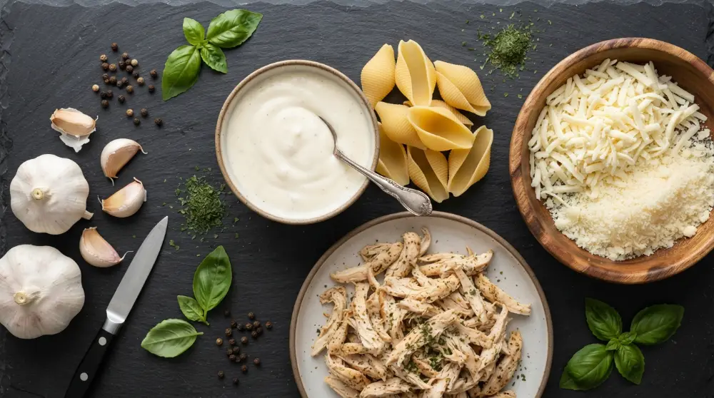 Cheesy Chicken Alfredo Stuffed Shells (Family Dinner) 2 Cheesy Chicken Alfredo Stuffed Shells Family Dinner 1